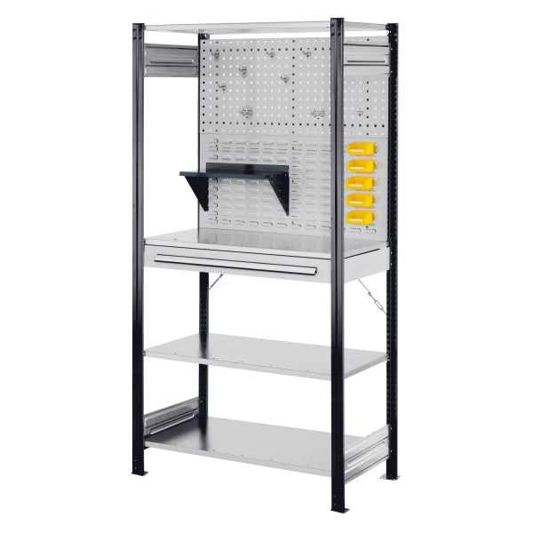 Werkbank aus Metall mit Lochwand, Schublade, Ablagefächern und Sichtlagerboxen für Werkstatt und Garage.