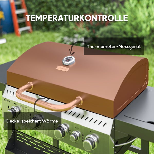 Outsunny Gasgrill 12 KW 4+1 Brenner BBQ Grillwagen aus Edelstahl inkl Seitenbrenner Thermometer Grillrost Kochfeld Flaschenöffner Seitenablagen Gas-Grill für Balkon Camping 135 x 55 x 103cm