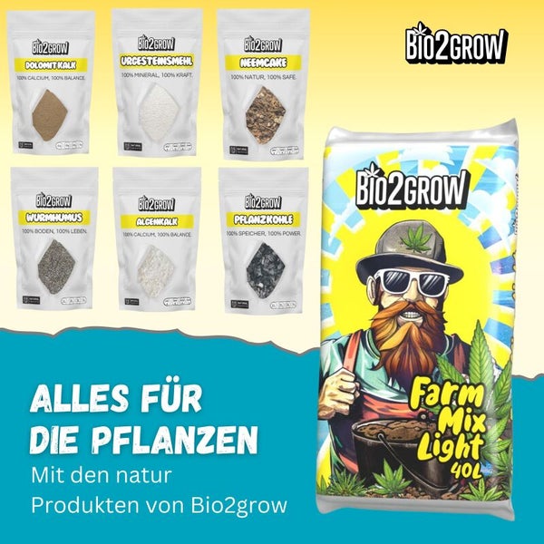 Bio2Grow Produkte für Pflanzen: Dolomitkalk, Urgesteinsmehl, Neemcake, Wurmhumus, Alcenkalk, Pflanzenkohle und Farm Mix Light 40 Liter