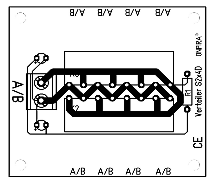 Technisches Schaltbild der ONPIRA Verteilerplatine S2x4D zur Signalverteilung in elektrischen Systemen.