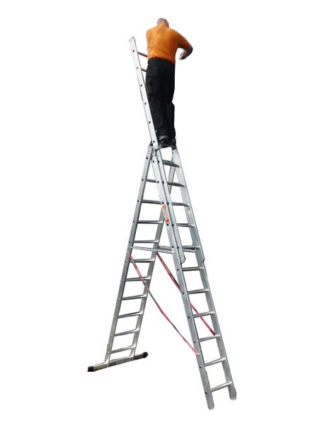 Mehrzweckleiter aus Aluminium mit einer Person auf der obersten Stufe.