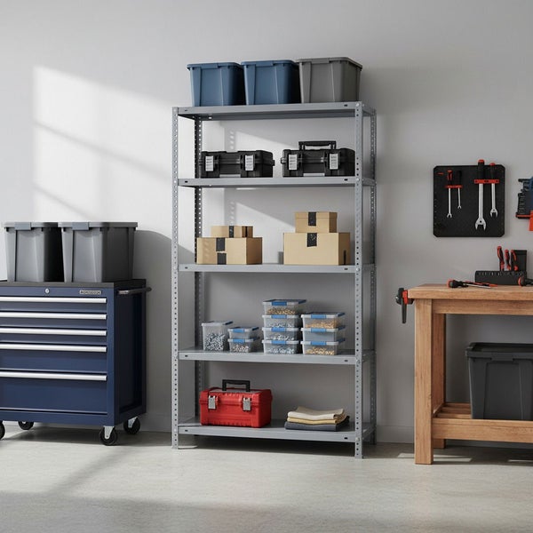 Organisierte Werkstatt mit Metallregal, Werkbank aus Holz, blauem Werkzeugwagen und Lochwand zur Werkzeugaufbewahrung.