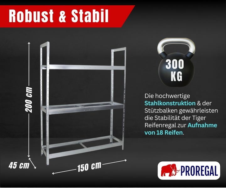 Stabiles Proregal Tiger Reifenregal aus Stahl für 18 Reifen, Maße 200 mal 150 mal 45 Zentimeter, Traglast 300 Kilogramm. Proregal Logo.