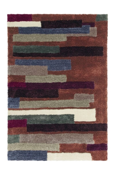 Hochflor-Teppich mit buntem Rechteckmuster in Braun, Lila, Grau, Blau und Creme.