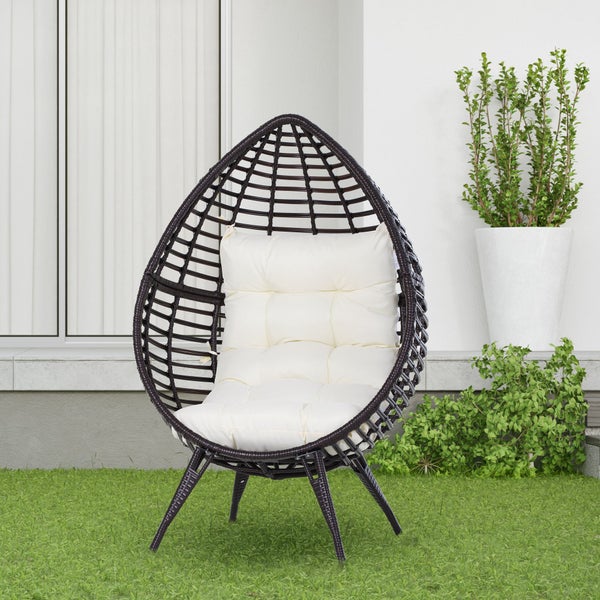 Outsunny Gartensessel mit Sitzkissen, Rattansessel in Tropfenform, 101 x 89 x 156 cm, Stahl, Braun