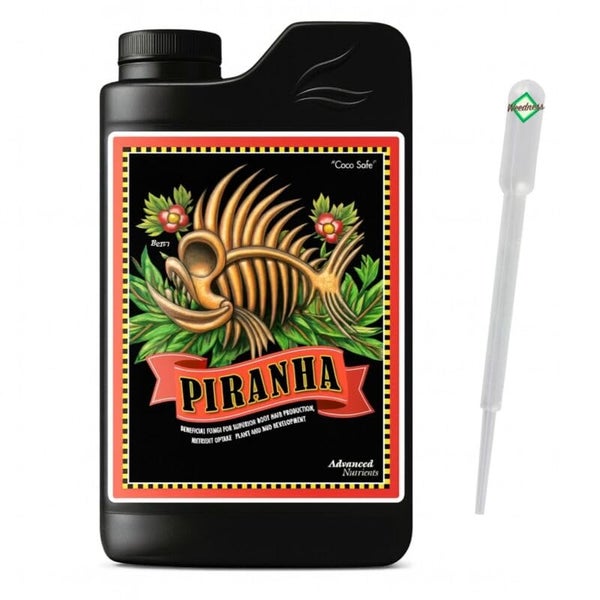 Advanced Nutrients Piranha Wurzelstimulator in einer schwarzen Flasche mit Pipette zur Unterstützung der Wurzelbildung.