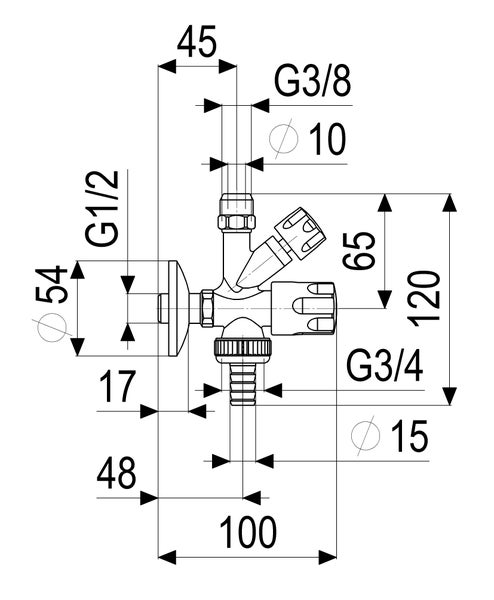 Maßzeichnung für ein Kombi-Eckventil mit den Anschlussgrößen G1/2, G3/8 und G3/4 sowie Maßangaben in Millimetern.