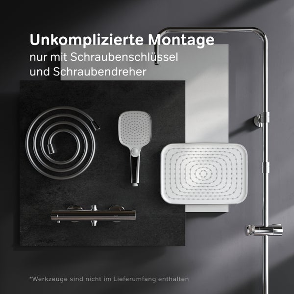 Duschsystem mit Kopfbrause, Handbrause, Brauseschlauch und Thermostatarmatur, einfache Montage mit Schraubenschlüssel und Schraubendreher.