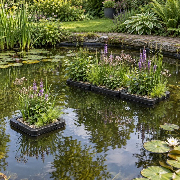 Schwimminseln für den Gartenteich mit verschiedenen blühenden Wasserpflanzen und Gräsern zur Dekoration und Wasserreinigung.