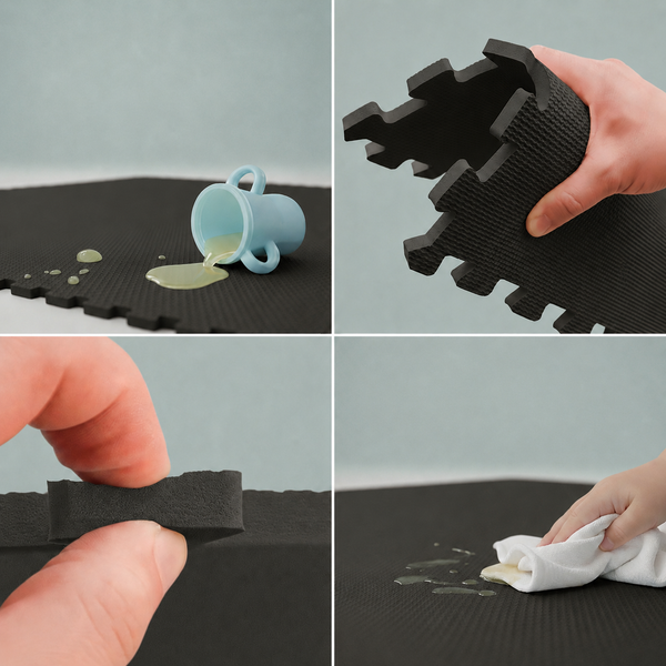Collage zeigt Eigenschaften einer schwarzen Schaumstoffmatte: wasserdicht, flexibel, strukturiert und leicht zu reinigen.