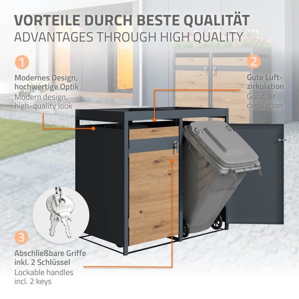 ML-Design Mülltonnenbox 3er mit Pflanzdach für 3 Tonnen, 240L 200x80x124 cm, Eiche-Optik, Stahl, wetterfest, Abschließbare Mülltonnenverkleidung mit Tür, Müllbox Mülltonnecontainer Mülltonnenabdeckung