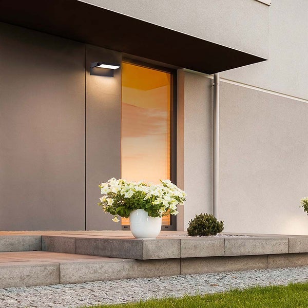 Moderne Hausfassade mit Außenleuchte, Treppe und Blumenkübel.