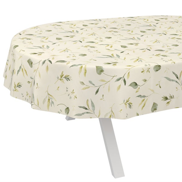 Ovale Tischdecke mit botanischem Blättermuster.