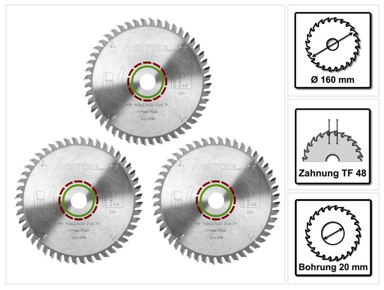 Festool Spezial Kreissägeblatt Set 3x HW 160 x 2,2 x 20 mm TF48 160 mm ( 3x 496308 ) 48 Zähne
