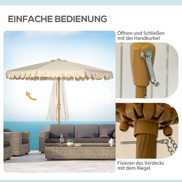 Outsunny Sonnenschirm mit verstellbarer Neigung, Strandschirm mit Fransen, 8 Streben, für Garten, Balkon, Ø264 cm, Polyester, Stahl, Khaki