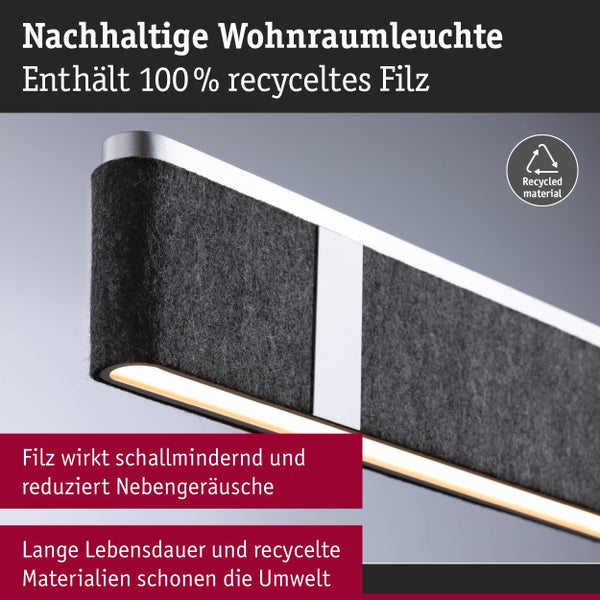 Nachhaltige Wohnraumleuchte aus einhundert Prozent recyceltem Filz mit schallmindernder Wirkung und Kennzeichnung für recyceltes Material.