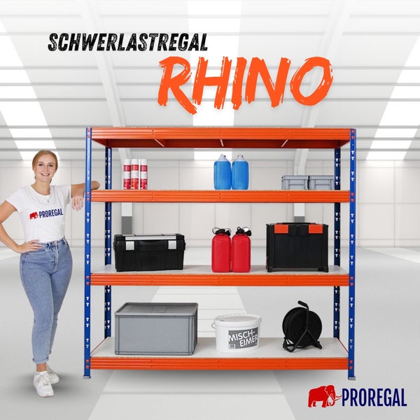 Schwerlastregal Rhino von Proregal aus Metall mit vier Böden, beladen mit Werkzeug und Behältern in einer Lagerhalle, Proregal Logo.