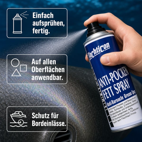 Hand hält Yachticon Anti Pocken Fett Spray beim Aufsprühen auf ein Unterwasserschiff zur Vorbeugung von Bewuchs und Korrosion.