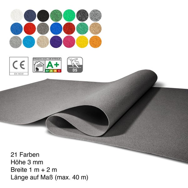 Nadelvlies Bodenbelag in verschiedenen Farben, 3 Millimeter Höhe, Breite 1 oder 2 Meter, als Rollenware auf Maß zugeschnitten bis 40 Meter.