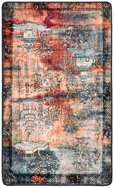 Teppich im Vintage-Stil mit asiatischem Landschaftsmuster, Pagoden, Bäumen und dekorativer Bordüre.