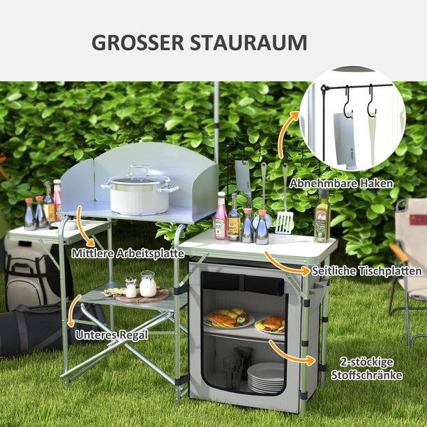 Outsunny Campingküche klappbar, Outdoor Küche mit UV-Schutz, Windschutz, Schränkfach, 3 Arbeitsplatten, Lichtständer, Aluminium, für Camping, Garten, Silber