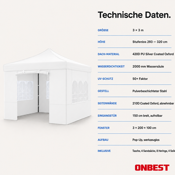Weißer Pop-up-Pavillon mit Seitenwänden und Fenstern sowie technischen Daten wie Größe 3 mal 3 Meter, Material und dem ONBEST Logo.