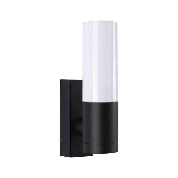 Zylindrische Wandleuchte mit schwarzem Gehäuse und weißem Diffusor.
