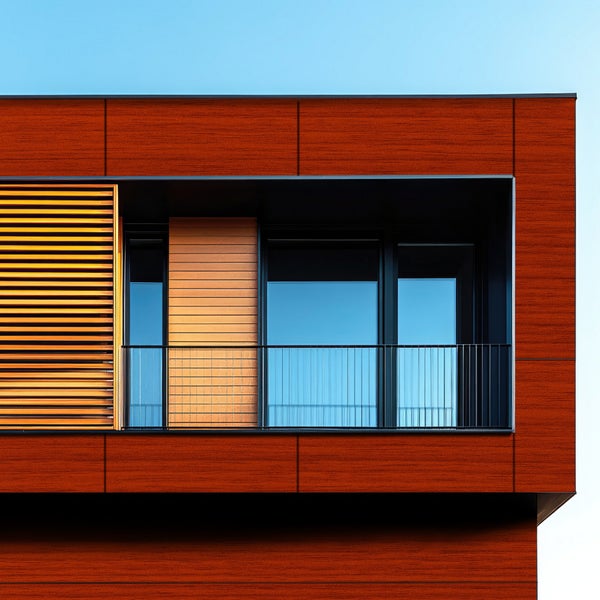 Fassade eines modernen Gebäudes mit Balkon und Fensterläden