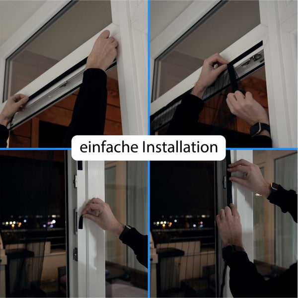 Montage eines Insektenschutzgitters am weißen Fensterrahmen mit Klettband.