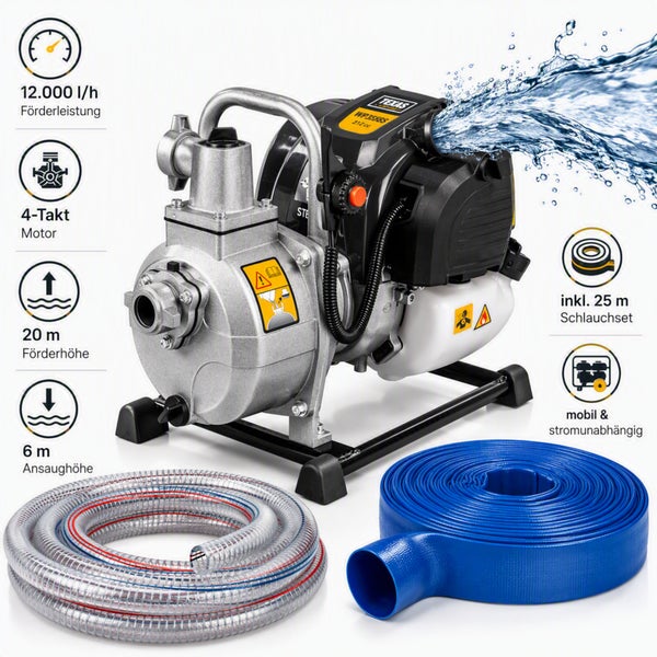 Texas Motorwasserpumpe WP358BS mit 12000 Liter pro Stunde Förderleistung, 4-Takt Motor, 20 Meter Förderhöhe, 6 Meter Ansaughöhe und Schlauchset.