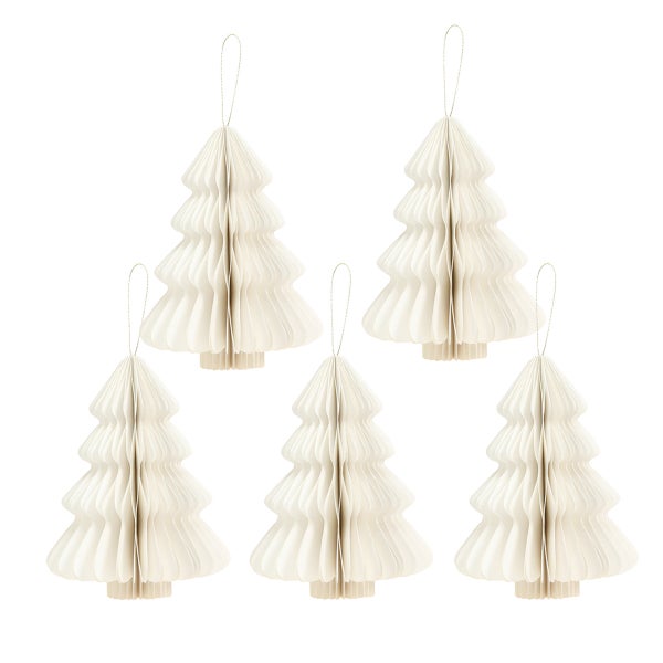 Fünf Papier Christbaumschmuck Anhänger in Tannenbaumform