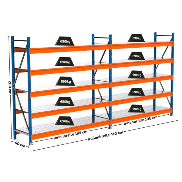 Regal mit vier Ebenen, Abmessungen und maximaler Belastung von 690 Kilogramm pro Ebene