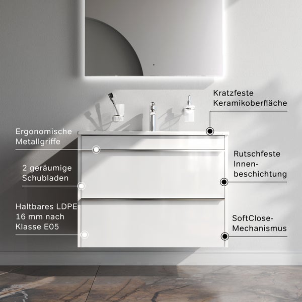 Badezimmermöbel mit kratzfester Keramikoberfläche, ergonomischen Metallgriffen, zwei geräumigen Schubladen und Soft-Close-Mechanismus