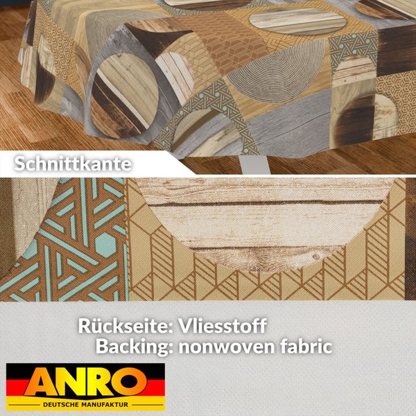Abwaschbare Tischdecke mit geometrischem Holzmuster, Schnittkante, Vliesstoff-Rückseite und ANRO Logo.
