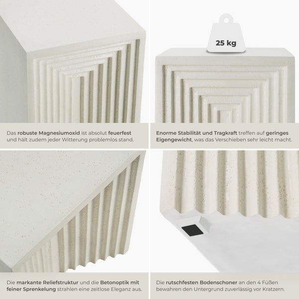 Detailansichten eines Beistelltisches aus Magnesiumoxid in Betonoptik mit Reliefstruktur, Tragkraft von 25 Kilogramm und Bodenschonern.