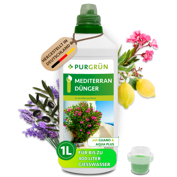 Purgrün Mediterrandünger in der 1 Liter Flasche, für bis zu 400 Liter Gießwasser, mit Guano und Aqua Plus, hergestellt in Deutschland.