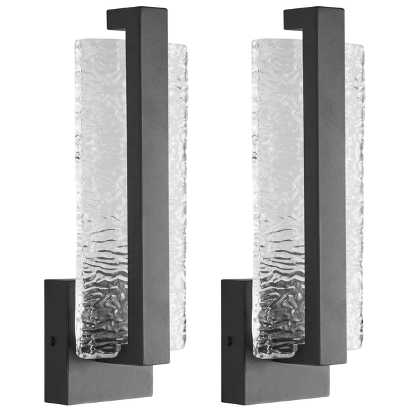 Zwei moderne Wandleuchten aus schwarzem Metall mit vertikalem, strukturiertem Glasschirm.