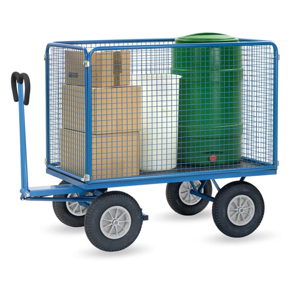 Blauer Handwagen mit Gitteraufbau und vier Luftreifen, beladen mit Kartons und Behältern für den Transport.