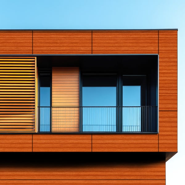 Fassade eines Gebäudes mit Fenster, Balkon und Holzverkleidung