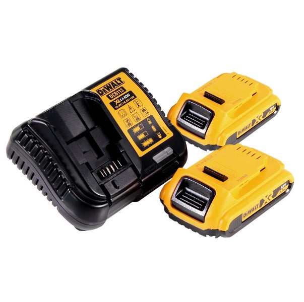 DeWalt Akku-Starter-Set bestehend aus dem Schnellladegerät DCB113 und zwei 18 Volt XR Lithium-Ionen-Akkus.