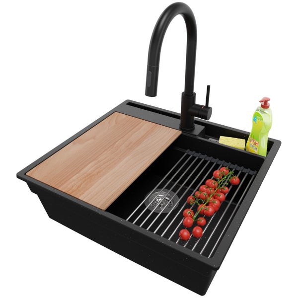 PRIMAGRAN Granitspüle Schwarz Metallic 58x53cm, Spülbecken 1 Becken + Küchenarmatur 40x20cm + Ablauf-Set + Küchenzubehörset, Küchenspüle ab 60er Unterschrank - Oslo Pocket