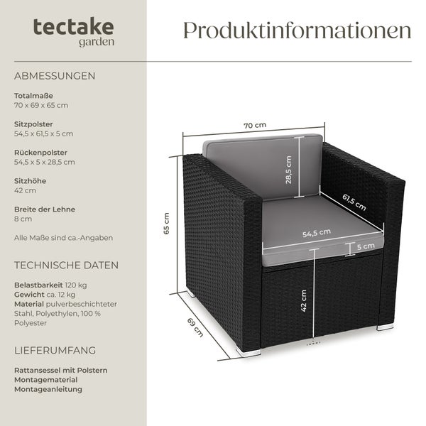 Rattansessel  tectake Lignano 70 x 69 x 65cm widerstandsfähig schwarz