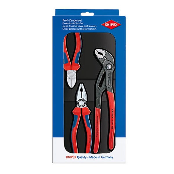 Dreiteiliges Knipex Profi-Zangenset in Verkaufsverpackung, bestehend aus Kombizange, Seitenschneider und Wasserpumpenzange Cobra, Made in Germany.