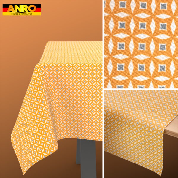 Abwaschbare Tischdecke von ANRO mit orangefarbenem geometrischem Muster, Detailansicht der Oberfläche und Kante. ANRO Logo.