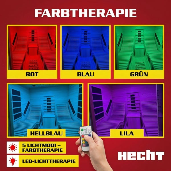 Infrarotsauna von Hecht mit 5 LED-Farblichttherapie-Modi und Fernbedienung. Darstellung des Innenraums in verschiedenen Farben. Hecht Logo.