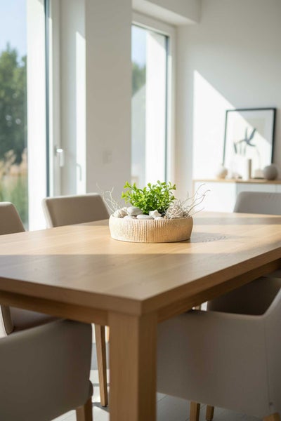 Dekorative Schale mit Pflanzen und Steinen auf einem Holztisch in einem hellen, modern eingerichteten Esszimmer.