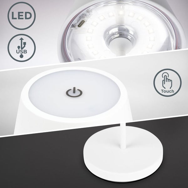 LED Akku-Tischleuchte Outdoor dimmbar - 38x12cm - Außen-Tischlampe Terrasse Garten 1-flammig IP54 2,6W 240lm Touchdimmer inkl Akku USB Ladekabel 2700K warmweißes Licht | weiß