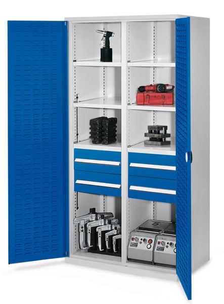 Zweitüriger Metall-Werkzeugschrank mit Fachböden und blauen Schubladen zur stabilen Aufbewahrung von Werkzeugen und Maschinen in der Werkstatt.