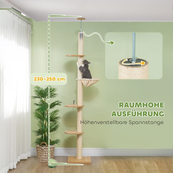 PawHut Kratzbaum, Katzenkratzbaum Deckenhoch, 230-250 cm, Kletterbaum mit Hängematte, Katzenbaum Höhenverstellbar, Spielbaum mit Kippschutz, Plüsch, Eiche+Cremeweiß