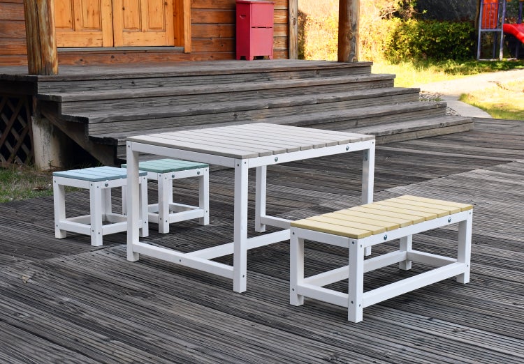 WONDERMAKE® Design Kindersitzgruppe Outdoor Garten Holz mit Abdeckung, Kinder-Sitzgarnitur Indoor Picknick-Gruppe ab 3 Jahre, weiß bunt